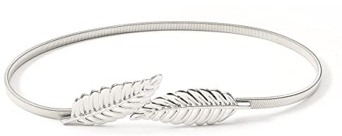 Liitata Damen Dünner Metallgürtel Elastischer Metall Taillengürtel Mode Kleidgürtel Metall Schnalle Hüftgurt Dehnbar Bund Bund Gürtel Schnallenbund für Kleid Pullover Mantel Passen - Blätter Silber