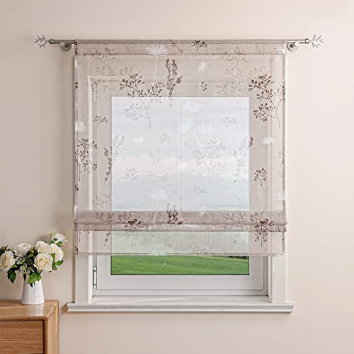 Delien Raffrollo Leinenoptik Transparente Rollos Landhaus Küche Gardine Modern Raffgardine mit Blumendruck »Löwenzahn« Bändchenrollo für Klein Fenster mit Tunnelzug BxH 120x140cm,Sand