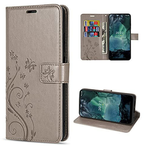 betterfon Hülle Kompatibel mit Nokia G11 Plus | Premium PU Leder Handyhülle Wallet Case für G11 Plus | Schutzhülle Blumen Klapphülle Handyhülle | Grau