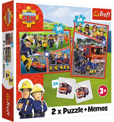 Trefl-Fireman Sam, Feuerwehrmann Sams Team - 3in1: 2x Puzzles+Memory-Spiel,Puzzle mit Feuerwehrmann Sams Helden,30 und 48 Elemente,Verschiedene Schwierigkeitsgrade,24 Memos,Spaß für Kinder ab 3 Jahren