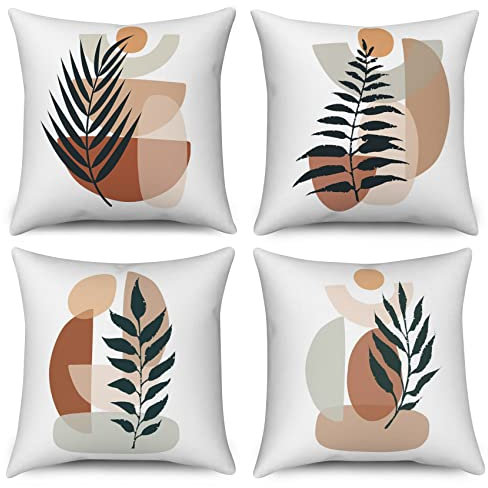 Boho Kissenbezug 40x40 cm 4er Set, Modern Abstrakt Kunst Palm Blätter Weiß Sofa Kissen Bezug Dekokissen Kissenbezüge Kissenhülle Waschbar Polyester Flachs Textil Outdoor Polster Kopfkissenbezug