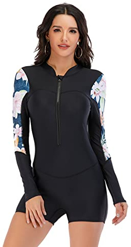 TDHLW Womens One Piece Long Sleeves Shorty Wetsuit, Long Sleeves Front Zip Scuba Wetsuits One Piece Swimsuit,Black,XL