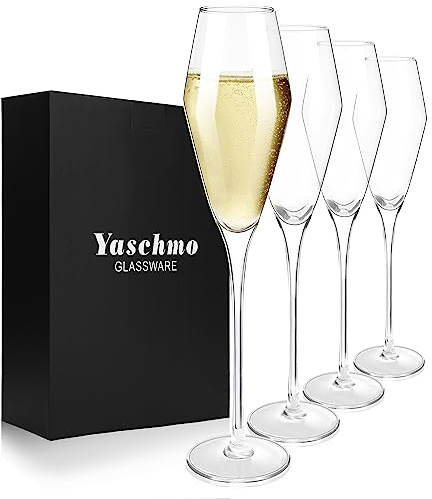 Yaschmo Champagne Flutes Glasses Set of 4, 8.4 oz Hand Blown Crystal Wedding Flutes, Elegant Tulip Glasses - Ideal Gift for Wedding, Anniversary,Christmas Day (4 Count (Pack of 1))