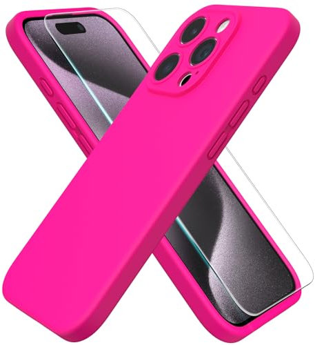 ACRONIX Cover per iPhone 15 Pro (6.1), con 1 Pellicola in Vetro Temperato, Silicone Liquido Premium, Custodia Protettiva Antiurto a 4 Strati, Fodera in Microfibra per iPhone 15 Pro Case-Rosa Caldo