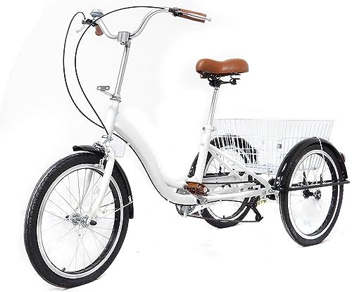 Adult Tricycle, 20 Zoll Single-Speed-Shift Tricycle Dreirad mit Einkaufskorb Cargo Fahrrad für Senioren, Frauen und Männer | Weiß |