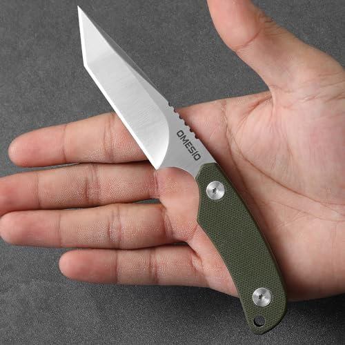 Omesio Tanto Neck Knife Fulltang Coltello Con Clip in Acciaio D2, Piccolo Coltello Fisso Con Impugnatura in G10 E Fodero in Kydex, Colore Verde