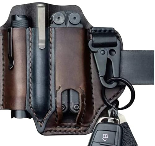 Multiherramienta EDC Funda de Cuero, Funda de Cuero para Multitool Funda EDC Organizador de Bolsillo con Soporte para Llave para cinturón y Linterna Funda Multitool Bolsa, Marrón Oscuro (Marrón)