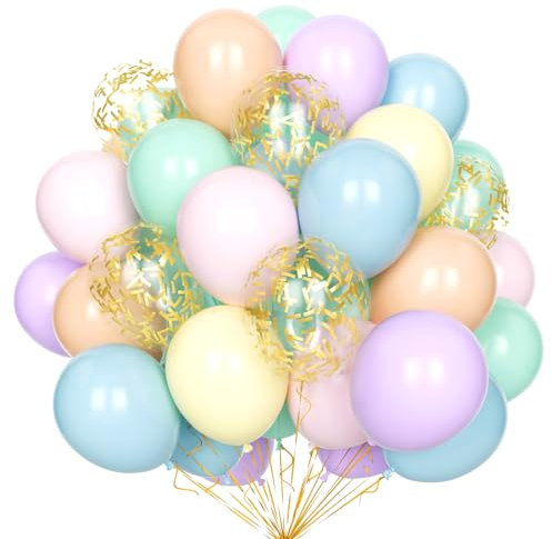 Arc-En-Ciel Pastel Ballons, 60 Pcs 12 Pouces Multicolores Macarons Latex Colorés Assortis Avec Confettis pour Décoration Anniversaire Fête Baby Shower Mariage
