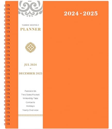 Monatsplaner 2024-2025 - JUL 2024 - DEC 2025 Monatsplaner/Kalender 2024, 18 Monatsplaner mit Registerkarten & Tasche & Etikett, Kontakte und Passwörter, 22,9 x 27,9 cm, dickes Papier,