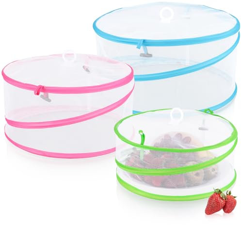 com-four® 3x Fliegen Abdeckhauben Pop-Up - bunte Abdeckhauben für Lebensmittel - große faltbare Speiseschirme in 3 Größen - Insektenschutz - Netzhaube für Obst und Kuchen (3 Stück - pink blau grün)