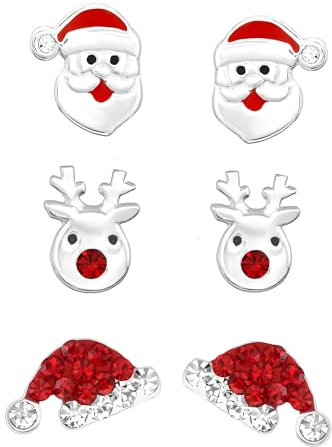 FIVE-D 3 Paar Ohrringe Weihnachten Nikolaus Mütze Rentier 925 Sterling Silber im Schmucketui (3er Set)