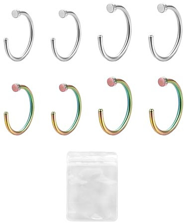 SLEEKEE Lot de 8 anneaux de nez en acier inoxydable, 1 sac de rangement transparent, piercing de nez en forme de C, faux anneau de nez ouvert, faux piercing de nez perforé, Acier inoxydable