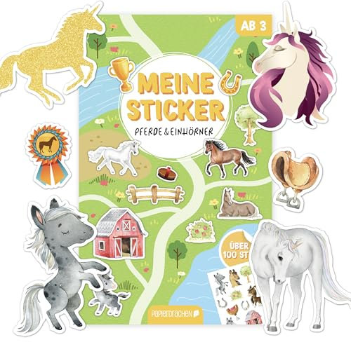 Papierdrachen Stickerblock Pferde und Einhörner - Über 100 Vielfältige Sticker | Perfekt für Kreatives Gestalten | tolles Mitbringsel oder Geschenkidee Set 3