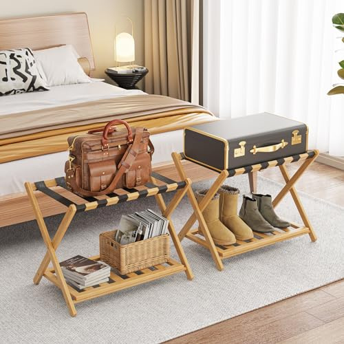 BAMBOOHOMIE Lot de 2 porte-bagages en bambou pour chambre d'amis, 68 cm, pliable, large, avec étagère de rangement, support de bagage épais pour chambre à coucher, hôtel, porte-bagages pour valises