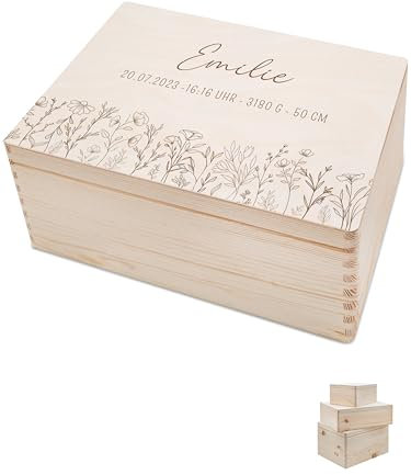 Bärenfreunde - Personalisierte Erinnerungsbox Baby mit Hochwertiger Gravur - Baby Erinnerungsbox - Erinnerungskiste aus Holz - Tolles Geschenk zur Geburt (S | Klappdeckel,Blumenwiese)