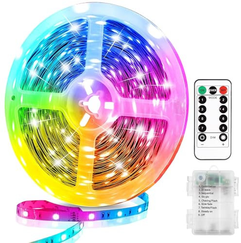 YeahBoom LED Streifen Batteriebetrieben,5 Meter LED Strip Selbstklebend,mit 8 Modi Timer Fernbedienung,Wasserdicht Lichtleisten Flexibler Schneidbar,für Schlafzimmer Schrank Zuhause Dekoration(Bunt)