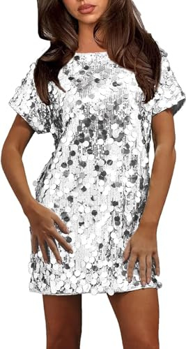 Vagbalena Damen-Kurzarm-Pailletten Kleid mit Pailletten und Glitzer-Kurzarm-Kleid Sexy Mini-Party-Overall Disco-Konzert-Party-Glitzer-Kleider