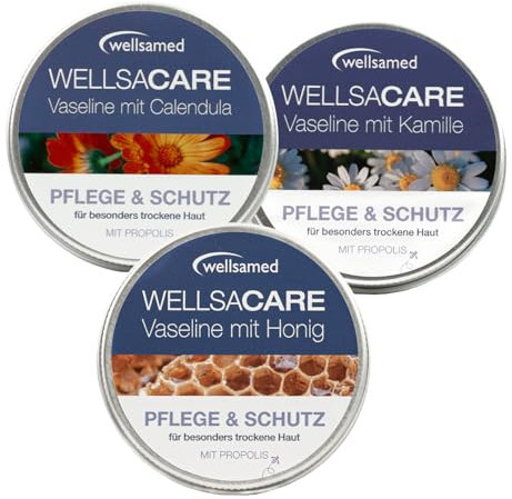 Wellsamed Wellsacare Vaseline Creme 150 ml (3x 50 ml) mit Honig, Kamille und Ringelblume für trockene Haut und Lippen, pflegt und schützt, Feuchtigkeitscreme mit Vitamin E und Propolis, 3er Mix Pack