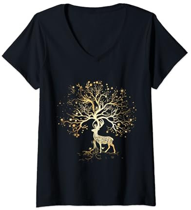 Femme Tree of Life Arbre de Vie Yoga Méditation Cerf T-Shirt avec Col en V