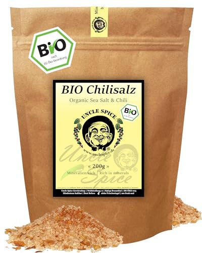 UNCLE SPICE® BIO Chilisalz - 200g Bio Meersalz aus Spanien versetzt mit Bio Vogelaugenchilis, im ÖKO-Beutel, von Hand gemischt, Chili-Salz nachhaltig hergestellt, DE-ÖKO-005