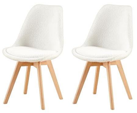 H.J WeDoo 2er Set Nordic Lamm Plüsch Esszimmerstuhl,Küchenstuhl mit Massiven Buchenstuhl Beinen und Lammwolle Kissen,Geeignet für Casual Stühle in Büros,Küchen und Räumen,Weiß