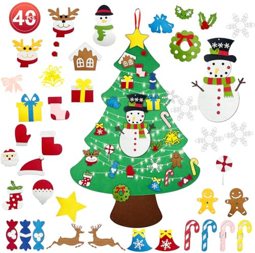 MOSTFUN Feutre Arbre de Noël pour Enfants, 98cm Ensemble Arbre de Noël Feutre DIY avec 40 Décorations Amovibles pour Décoration Murale Décoration Vitrine à Noël Cadeaux pour Enfants