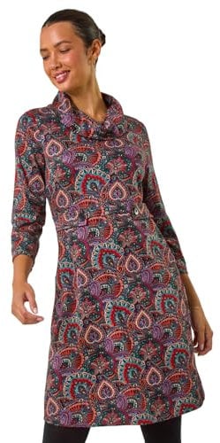 Roman Originals Cowl Neck Dress for Women UK - Ladies Button Detail Shift Work Office Autumn Winter Knee Length Casual 3/4 Full Length Sleeve Round High Warm Neckline - Red - Size 18