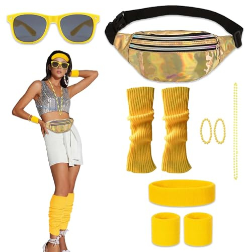 80er Jahre Neon Workout Kostüm Zubehör Set, Aerobic Bauchtasche Outfit, Bauchtasche Neon, 80er Jahre Outfit Damen für Motto Party - Lebendige, farbenfrohe Retro-Kostüme für Damen mit modischer