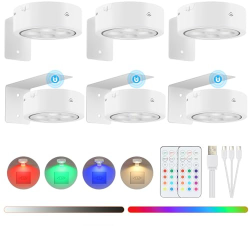 Lightsjoy LED Bilderleuchte Kabellos 6Pack Bilderleuchte Akku USB Aufladbar Weiß RGB Dimmable Bilderrahmen Beleuchtung licht mit Fernbedienung, Dart Beleuchtung magnetische Bilderlampe mit Timer
