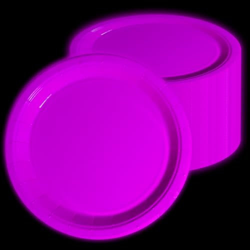 APUXXJUPA Lot de 50 assiettes d'anniversaire fluorescentes violettes en vrac - 23 x 23 cm - Décorations de fête fluorescentes - Fournitures de fête