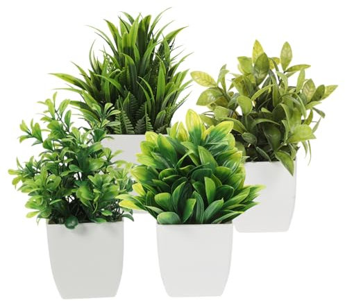 OSOLADY 4stücke Künstliche Kleine Pflanze in Weißem Kunststofftopf Mini Bonsai Mit Hochwertigen Kunststoffblättern Realistische Pflanzenornamente Für Home Office Dekoration