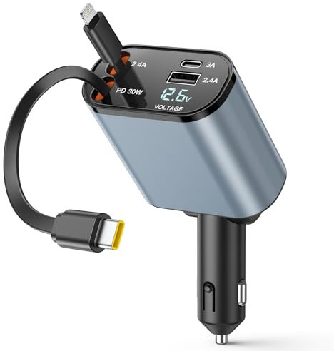 Rétractable Chargeur Voiture, 69W 4 en 1 Chargeur Rapide QC3.0&PD Prise Adaptateur USB Chargeur Telephone avec LED Voltmètre pour iPhone, Android, Samsung (Gray)