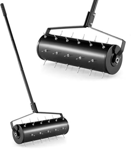 GOPLUS Rasenbelüfter, Handvertikutierer mit Stiel & 3,4cm Nägeln, rollender Aerifizierer, manueller Vertikutierer, Bodenbelüfter für Garten, Hof, Terrasse (53 x 130 cm,Schwarz)