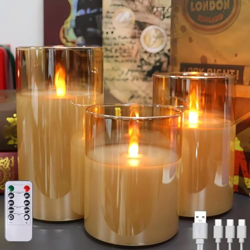 MOZC Wiederaufladbare LED Kerzen, Fernbedienbare flammenlose kerzen, Glasstumpenkerzen mit Fernbedienung und Timer-Funktion(Laufzeit 200h) (Aufladbar Goldene)