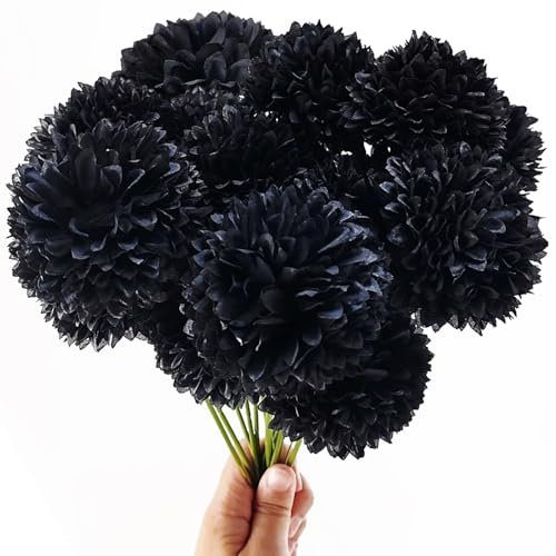 TIHOOD 10PCS Black Artificial Fake Flower Plants Silk Chrysanthemum Ball Hydrangea Arrangements Wedding Bouquets Decor Home Kitchen Garden Party Table Floral Centerpieces DIY (Black)