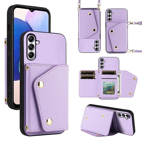 ELISORLI Handyhülle für Samsung Galaxy A54 5G Hülle mit Band Kartenfach Klappbar Geldbörse Ständer Mit Schultergurt A 54 54A 4G A546B A545G PU Leder Ultradünne Flip-Cover Schutzhülle Purple