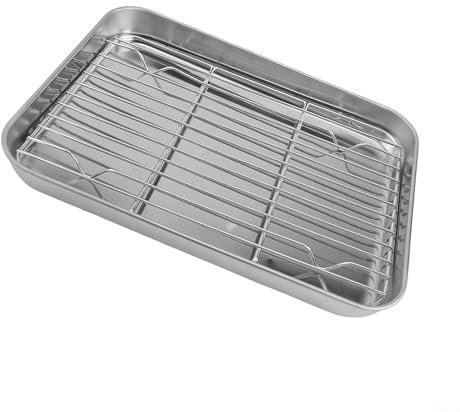 Bandeja de horno de acero inoxidable con estante de refrigeración, bandeja profesional para horno para asar verduras, alas y galletas (23 x 17 x 2,5 cm)