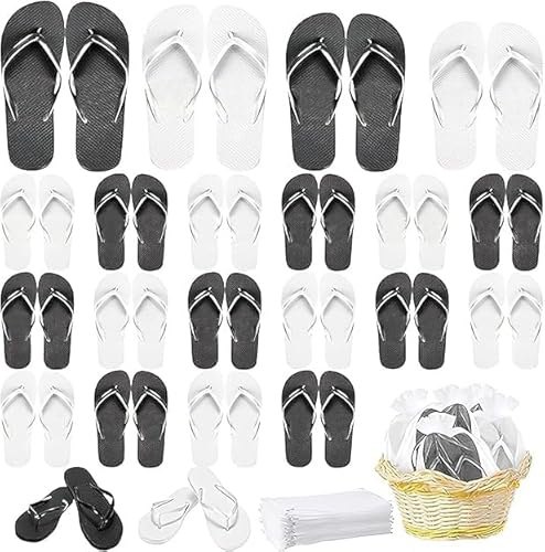 MALLOOM 24 Paires de Tongs pour Invités de Mariage – Chaussons Spa Hôtel avec Étiquettes de Taille & Sacs à Cordon – Pour Spa, Fête à la Piscine, Mariage – 4 Tailles