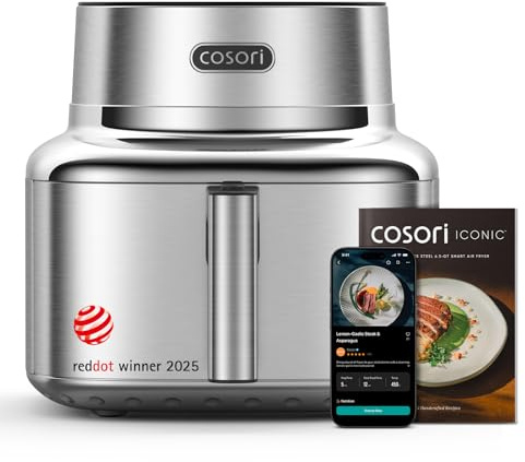 Cosori Iconic Stainless Steel 6.5 Qt Smart Air Fryer, PFAS-Free Ceramic Coating, Max 450°F, Consistent Cooking, Air Fry, Roast, Bake, Dry, Proof, Reheat, Dishwasher-Safe Basket, Chef-Crafted Recipes