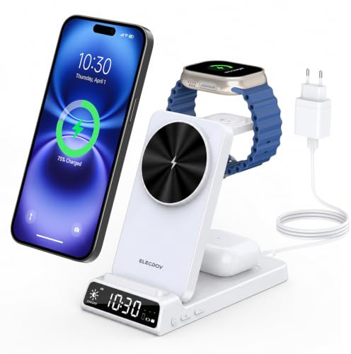 Elecdov 3 in 1 Wireless Charging Station with Clock, Foldable Charger Stand