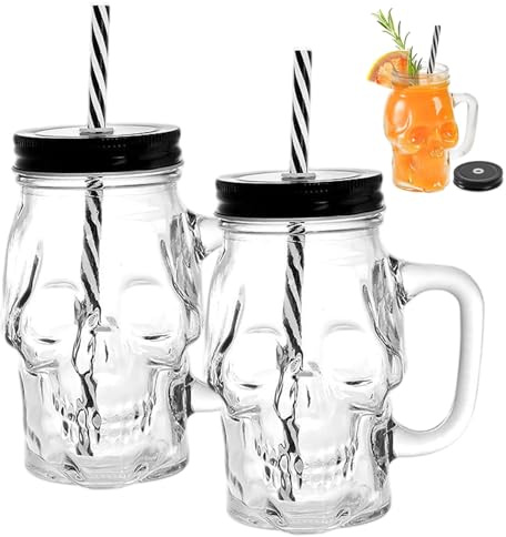 CAKEEYUM 2Pcs Halloween Glass Cups 16oz Skull Mason Jar Cups with Straw & Lid Halloween Glasses Drinking with Handle for Whiskey, Wine, Beverages Glass, Skull Cup, Mason Jar
