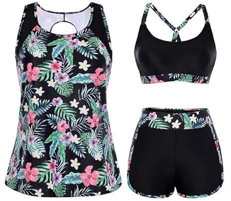 Hanna Nikole Plus Size Swimwear for Women,3 Piece Tankini Swimsuit,Tummy Control Swimming Costume,Modest Bathing Suit,Sport Tankini Top with High Waist Bikini Sets with Pockets