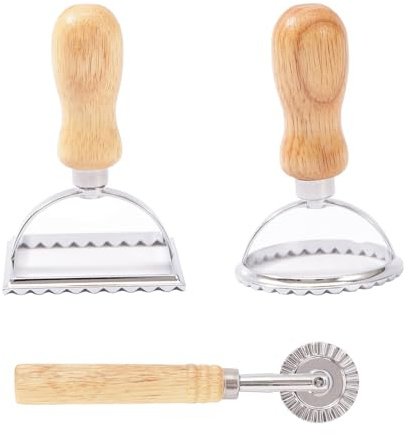 3 Pcs Ravioli Cutter Set, Pasta Cutter and Press with Wooden Handles, Fluted Edge Ravioli Stamp for Homemade Pasta, Dumplings, Lasagna and Pierogi