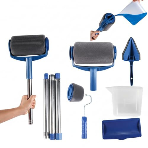 Professional 8-Piece Paint Roller Set Long Handle Non Drip Painting Roller and Trays Pro Tool Kit for Ceilings and Walls Clean Cut Paint Edger Paint Runner Brush Kit