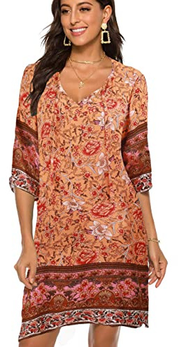 BDTECAOR Damen Vintage Ethnostil Blumenmuster Bohemian 3/4 Arm Strandkleid | Leicht und Luftige Boho Sommerkleid mit V-Ausschnitt & Kordelzug, für Strand Cover Up & Alltag geeignet, ideal für den Urlaub