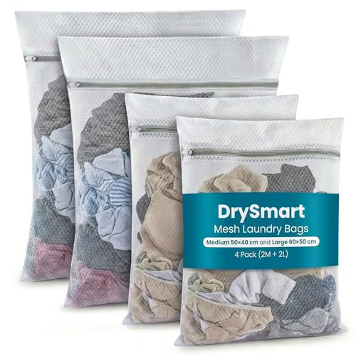 DrySmart 4 Pack Mesh Laundry Bags, 2 Large 60x50cm & 2 Medium 50x40cm | Fine Net Delicates Washing Bag with Zip, Reusable and Durable, Protects from Tangling, Washer & Dryer Safe, Travel Storage