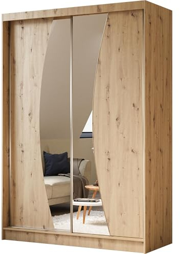 BEAUTY SOFA Vox - Schrank mit Spiegel - Kleiderschrank mit Schiebetüren - Garderobenschrank, Mehrzweckschrank, Flurschrank - 150cm breit - Artisan Eiche