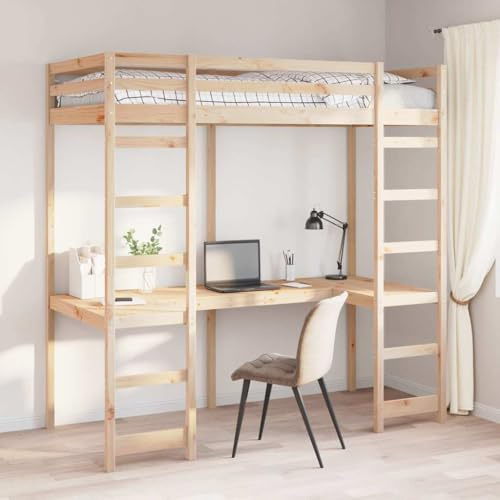 Zeehear Loft Bed Frame Solid Pine Wood Natural Finish 90 x 200 cm with Integrated Desk Ladder and Guardrails for Bedroom Storage and Study Space