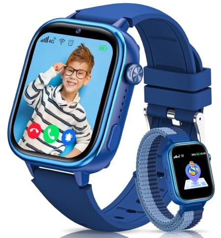 Reloj Inteligente Niño con Videollamada, 4G Smartwatch Niño con GPS y Llamadas, SOS, Chat de Voz, Modo Escuela, Podómetro, Despertador, Monitor de Sueño IP68 Impermeable Regalo para Niños Niñas, Azul