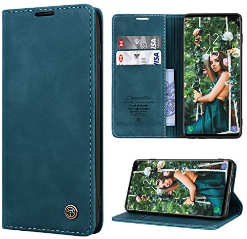 RuiPower Kompatibel für Samsung Galaxy S10 Plus Hülle Premium Leder PU Handyhülle Flip Case Wallet Lederhülle Klapphülle Klappbar Silikon Bumper Schutzhülle für Samsung S10 Plus Tasche - Blaugrün